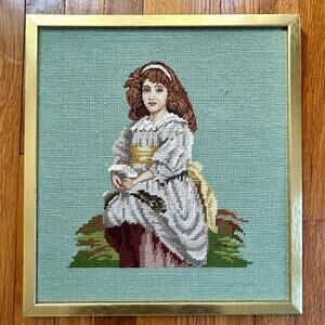 Vintage Needlepoint Portrait of Colonial Woman in Dress in Gold Frame